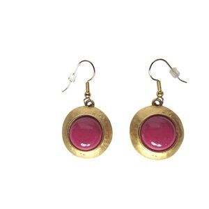 Vintage Bohemian Pink Cabochon Dangle Earrings Gold Tone